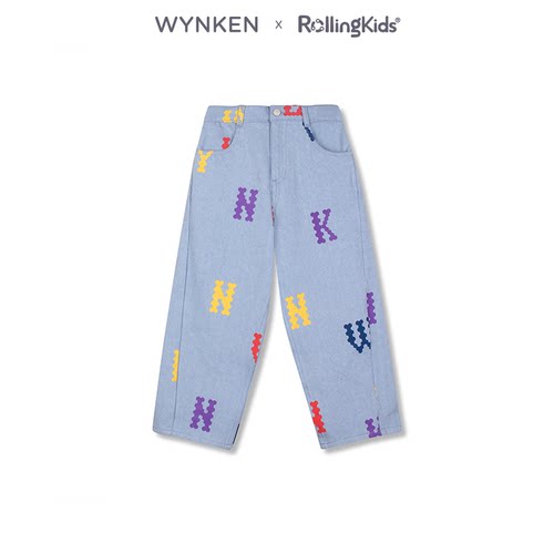WYNKEN 复古字母印花阔腿牛仔裤儿童宽松直筒长裤丨RollingKids