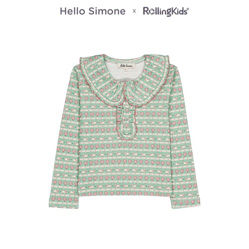 Hello Simone 绿色卡通印花娃娃领长袖套头T恤女童丨RollingKids