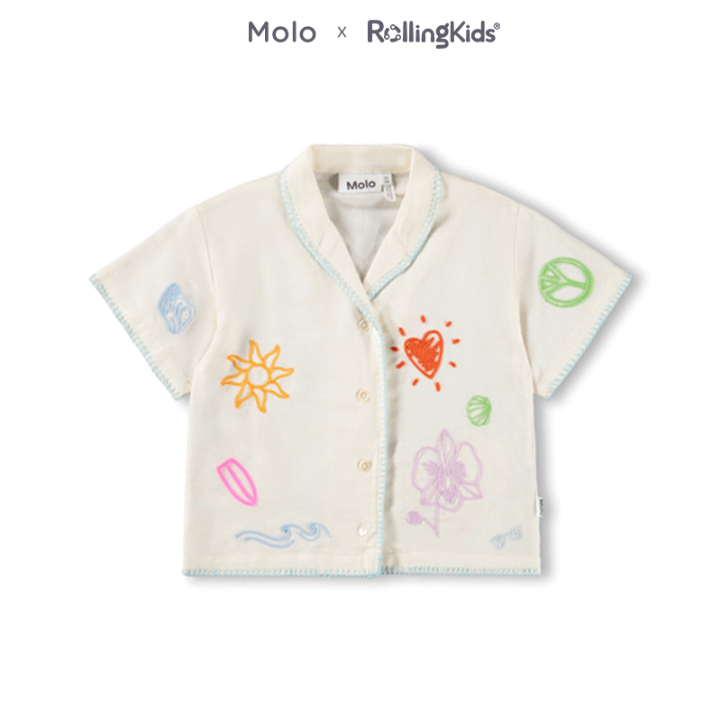 Molo 童趣印花短袖衬衫女童白色纽扣开衫上衣丨RollingKids