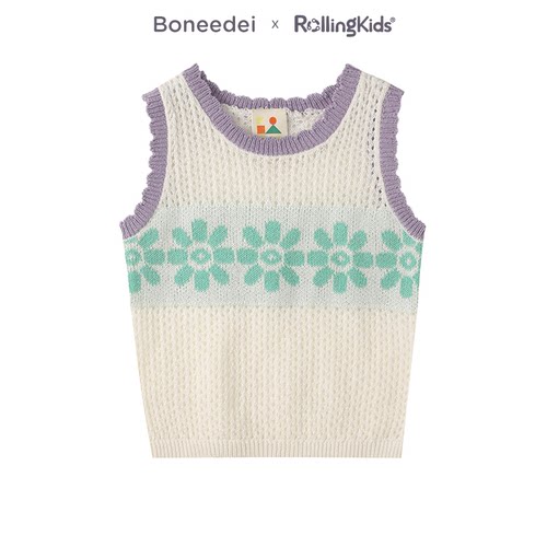 Boneedei 甜美花朵图案针织背心女夏撞色边无袖上衣丨RollingKids