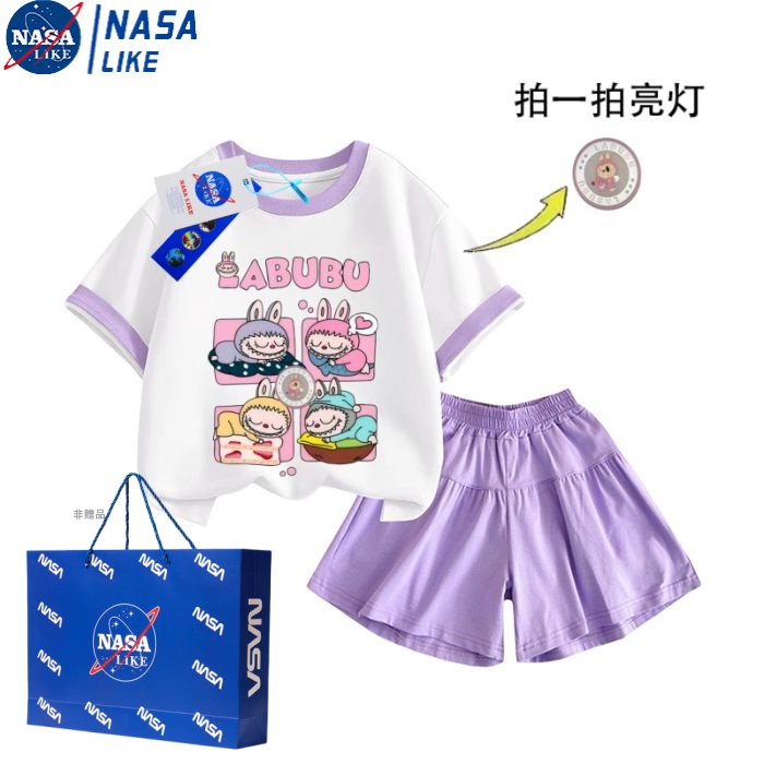 NASA拉布布labubu童装夏季新女童甜美卡通印花T恤上衣宝宝套装