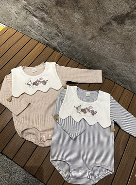 日单小木马cottoli条纹长袖包屁衣刺绣翻领哈衣男女宝围嘴可拆卸