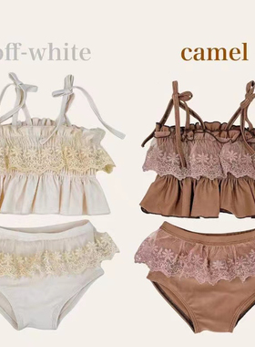 日单cottoli小木马格子花边蕾丝绑带分体连体泳衣女童宝可爱温泉