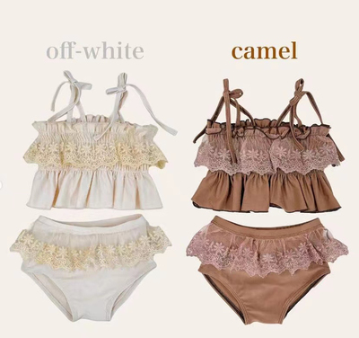 日单cottoli小木马格子花边蕾丝绑带分体连体泳衣女童宝可爱温泉