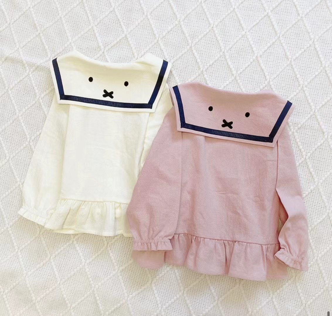 现货-日单futa米菲翻领可爱兔造型花边开衫薄衬衣外套男女宝