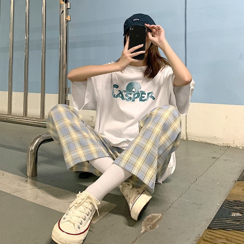 :YH黑白格子阔腿裤女夏