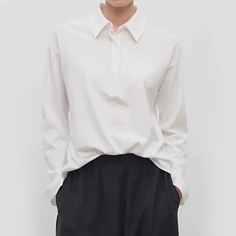 BX2 Row风简约白色长袖POLO衫宽松翻领打底纯棉休闲衬衫2025新款