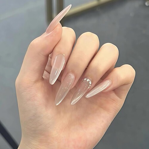 手工裸色美甲猫眼穿戴甲中长款拍婚纱照杏仁型精致高级感小众显白