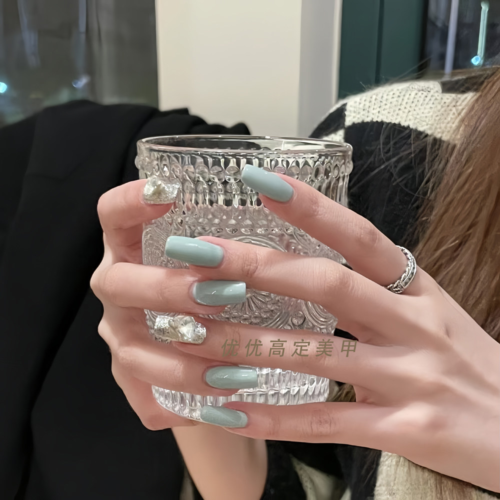 手工光疗甲中长方穿戴甲美甲贴片学生法式爱心闪钻显白蓝色美甲片