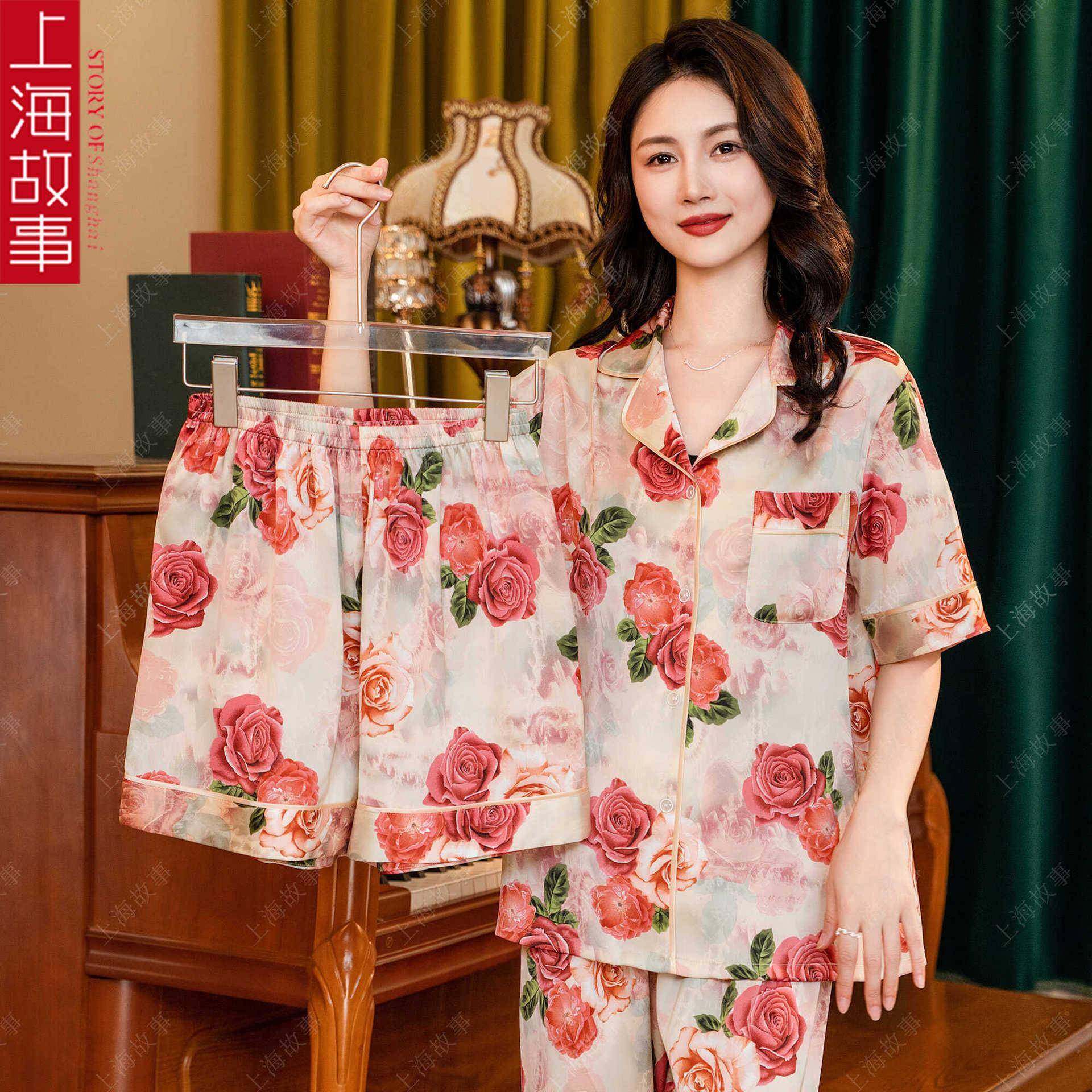 上海冰雪丝睡衣女短袖长裤短裤三件套丝绸印花仿真丝家居服,女士内衣/男士内衣/家居服,睡袍/浴袍,淘宝优惠券,粉丝福利购,淘宝优惠卷