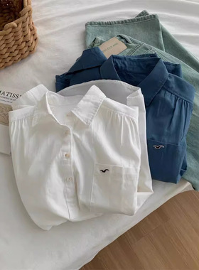 法式高级感飞鸟刺绣设计感套头衬衫女半门襟秋款水洗棉套头衬