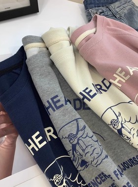 日系氛围 早秋印花减龄韩版休闲卫衣女圆领插肩长袖宽松套头上衣