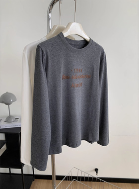 简约字母刺绣圆领长袖恤女慵懒显瘦百搭正肩磨毛打底衫秋冬