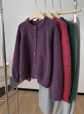 厚实保暖木扣圆领羊毛毛衣外套女秋冬柔软亲肤小个子针织开衫上衣