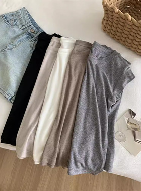 夏薄款莱赛尔天丝羊毛飞飞袖恤女短袖显瘦百搭正肩短款无袖上衣