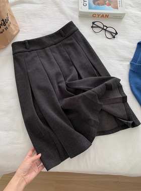 气质韩版学院风深灰色毛呢百褶裙女显瘦高腰字裙秋冬加厚半身裙