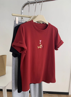 洋气复古小狗刺绣磨毛短袖女宽松休闲减龄百搭圆领打底衫春夏