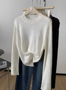 法式复古蕾丝提花羊毛打底衫女加厚立领针织内搭秋冬温柔长袖恤