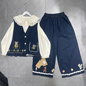 宽松马甲 休闲校园风无袖 日系复古绣花小熊可爱小个子马甲春季 新款