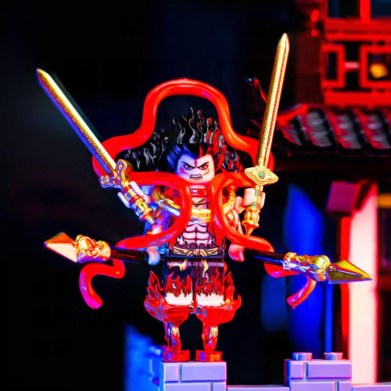 哪吒三头六臂西游记孙悟空积木人混天绫火尖枪周边拼装小人仔玩具