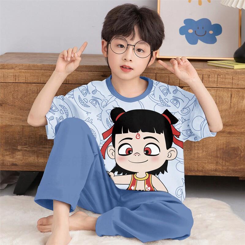 儿童睡衣男童夏款2025新款短袖家居服套装薄款纯棉小男孩大童哪吒