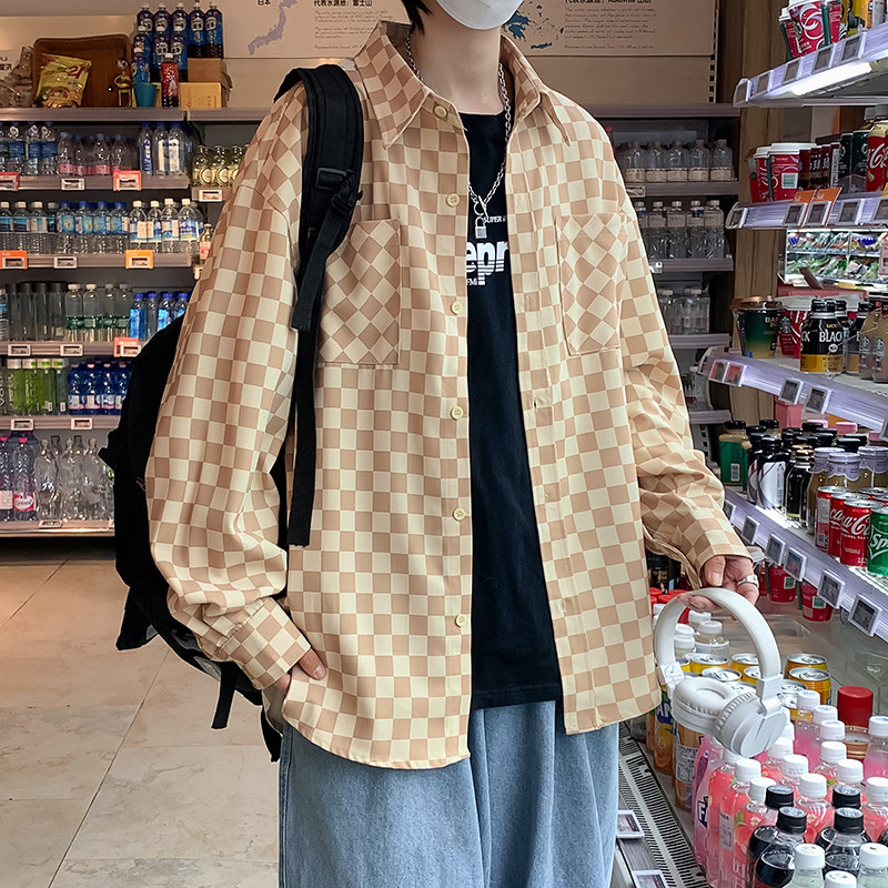 港风ins潮牌棋盘格衬衫男士韩版潮流长袖衫衣潮牌宽松休闲上衣男