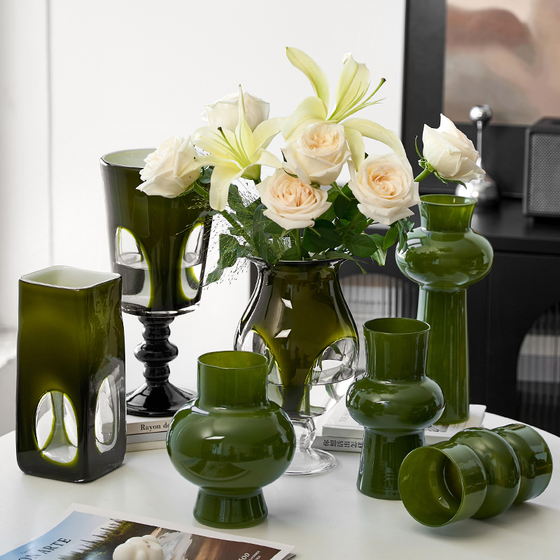 中古琉璃花瓶高级感客厅装饰摆件水培插花民宿复古绿艺术软装饰品