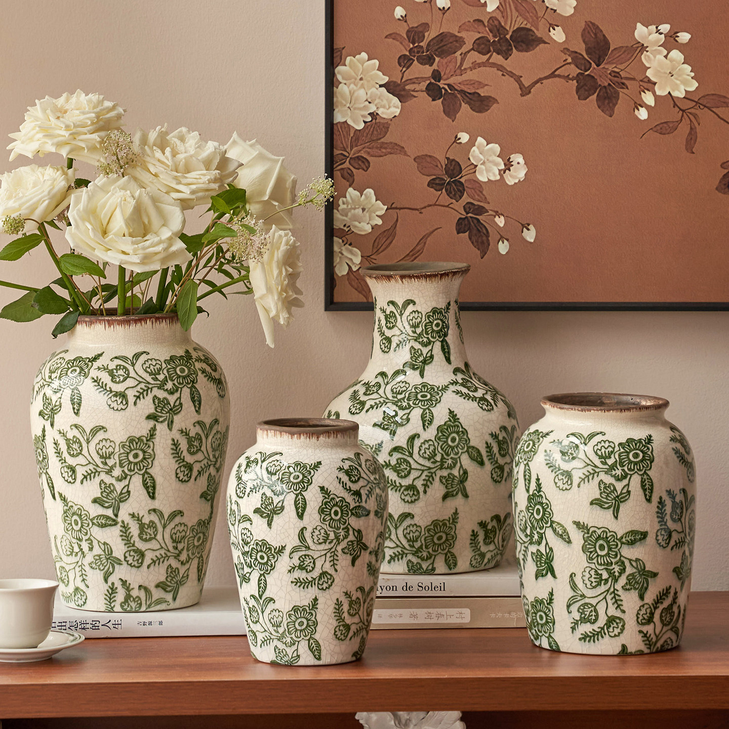 新中式中古风冰裂纹绿花复古花瓶陶瓷鲜花插花客厅装饰品摆件插花,家居饰品,花瓶,淘宝优惠券,粉丝福利购,淘宝优惠卷