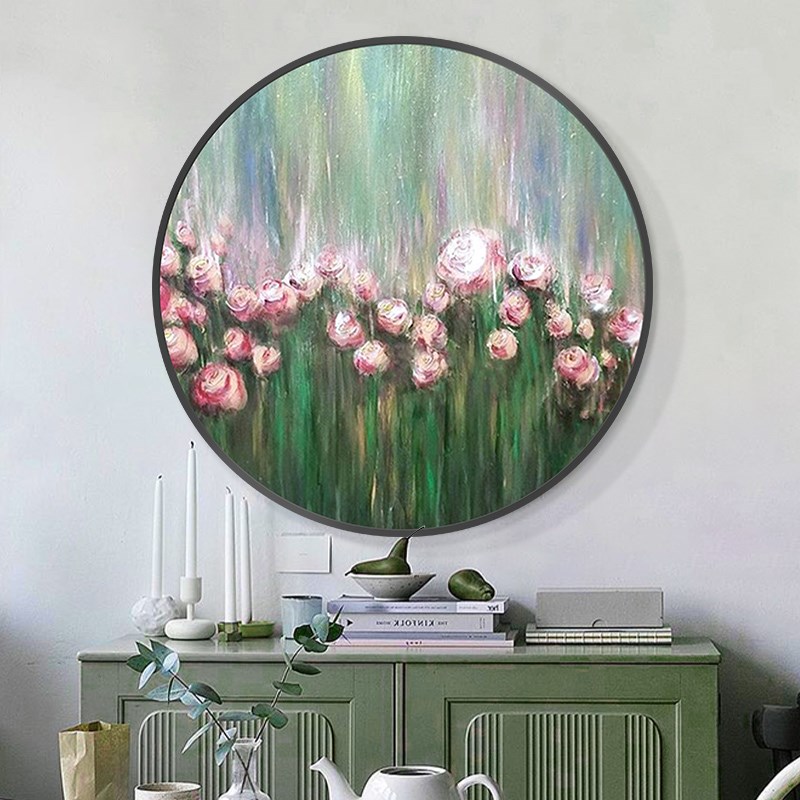 速发美式纯手绘玫瑰花卉抽象油画圆形装饰画餐厅玄关挂画卧室床头图片