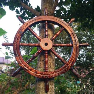 地中海实木船舵方向舵盘挂件舵墙面背景装饰复古车轮家居饰品