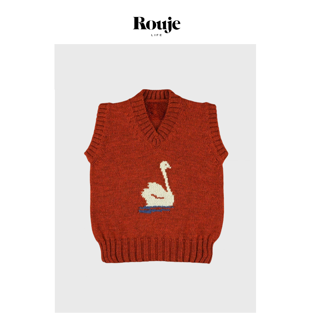 【现货】Rouje Life早春复古趣味针织套头V领花朵天鹅提花短背心