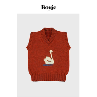 Life早春复古趣味针织套头V领花朵天鹅提花短背心 Rouje 现货