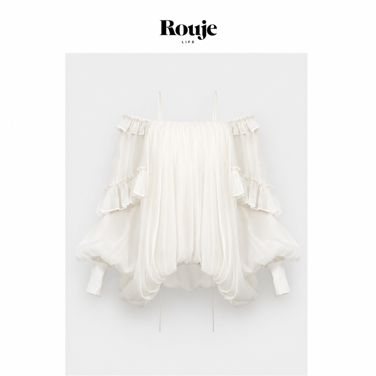 【现货】Rouje Life徐璐同款一字肩荷叶边长袖衬衫法式吊带上衣女