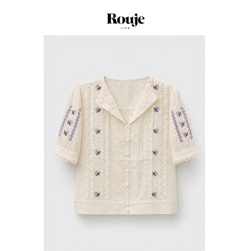 【现货】Rouje Life法式文艺衬衫小清新碎花翻领刺绣短袖衬衫上衣
