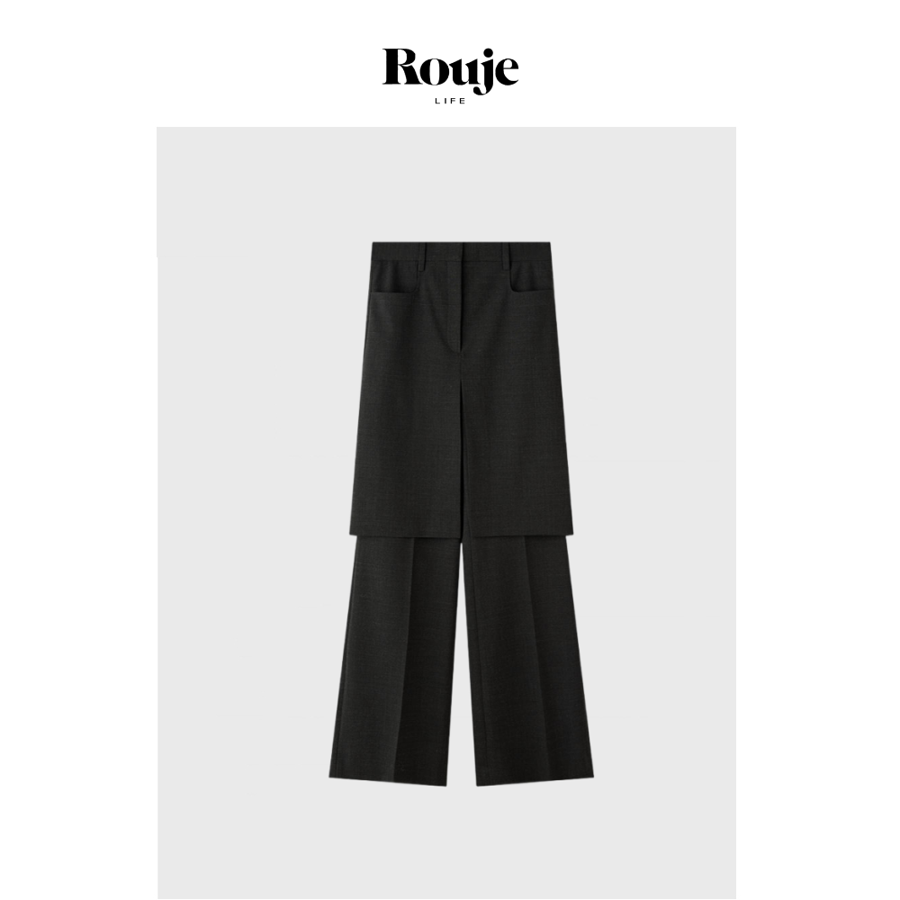 【现货】Rouje Life小众极简风假两件开叉微喇裙裤女直筒阔腿裤子
