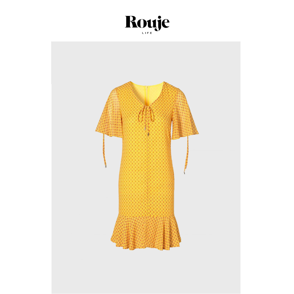 【现货】Rouje Life夏季短袖连衣裙新款飘逸褶皱荷叶摆雪纺裙女裙