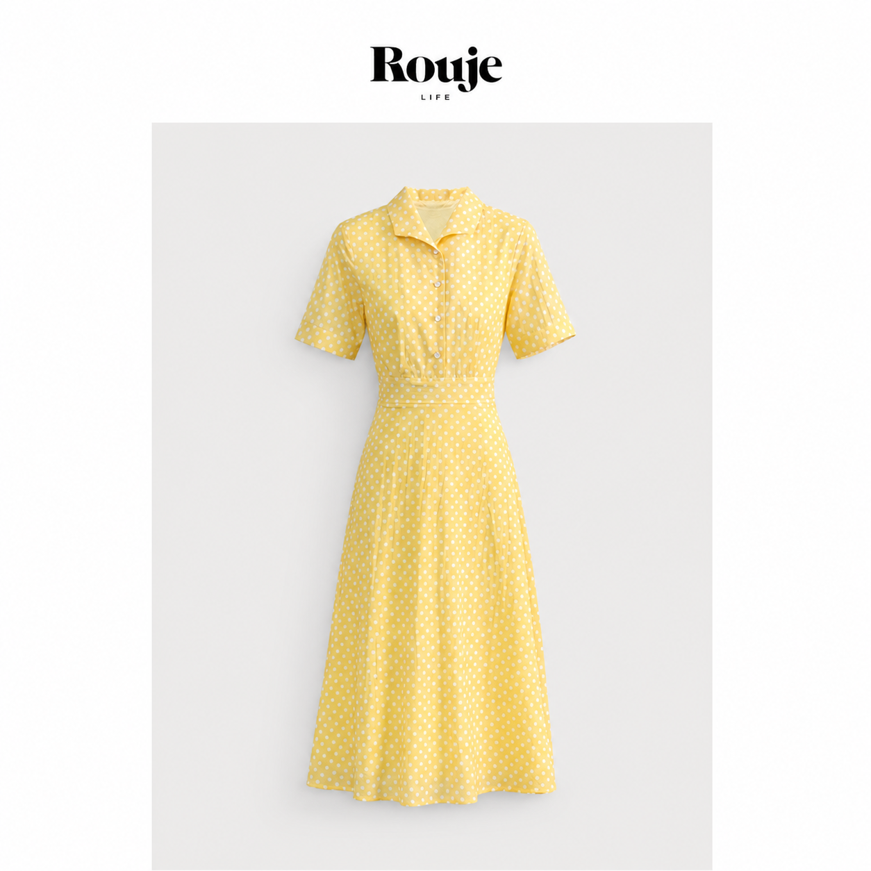 【现货】Rouje Life郭晓婷方穆静同款黄色波点衬衫连衣裙小众长裙