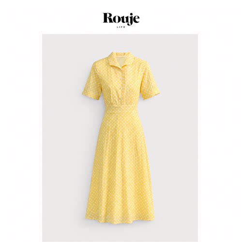 【现货】Rouje Life郭晓婷方穆静同款黄色波点衬衫连衣裙小众长裙