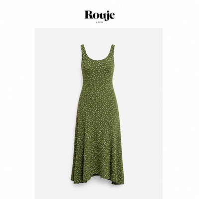 【现货】Rouje Life真丝绿底波点无袖修身连衣裙法式复古海边度假