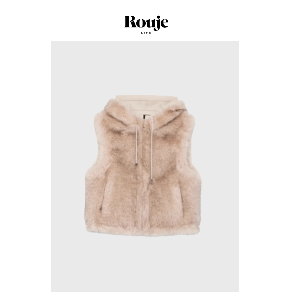 【现货】Rouje Life法M!人造皮草马甲春季浅色毛绒百搭连帽背心