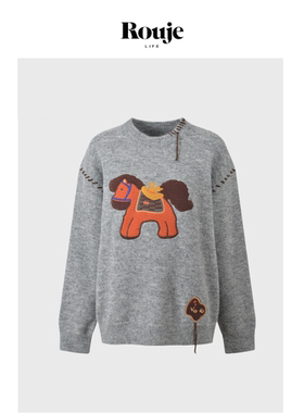 【现货】Rouje Life设计感小马刺绣宽松减龄毛衣慵懒风针织衫上衣