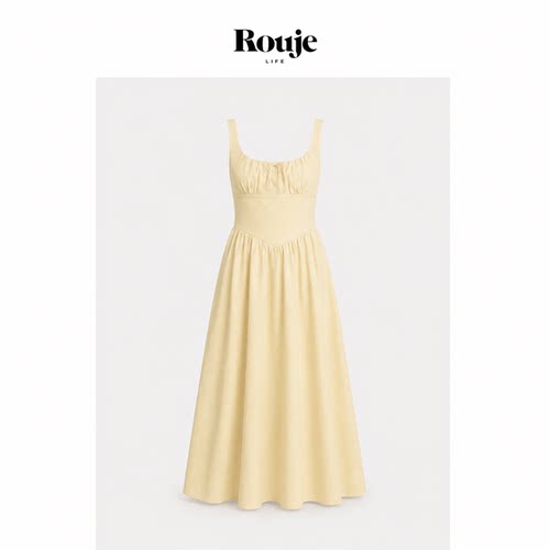 【现货】Rouje Life夏亚麻黄色方领纯欲风度假风中长款法式连衣裙