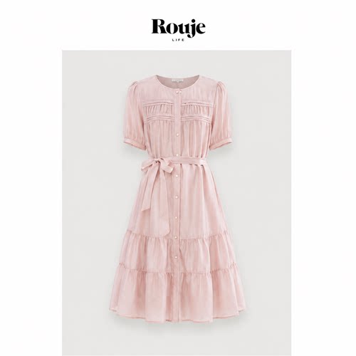 【现货】Rouje Life夏季气质通勤风优雅雪纺裙天丝短袖高腰连衣裙