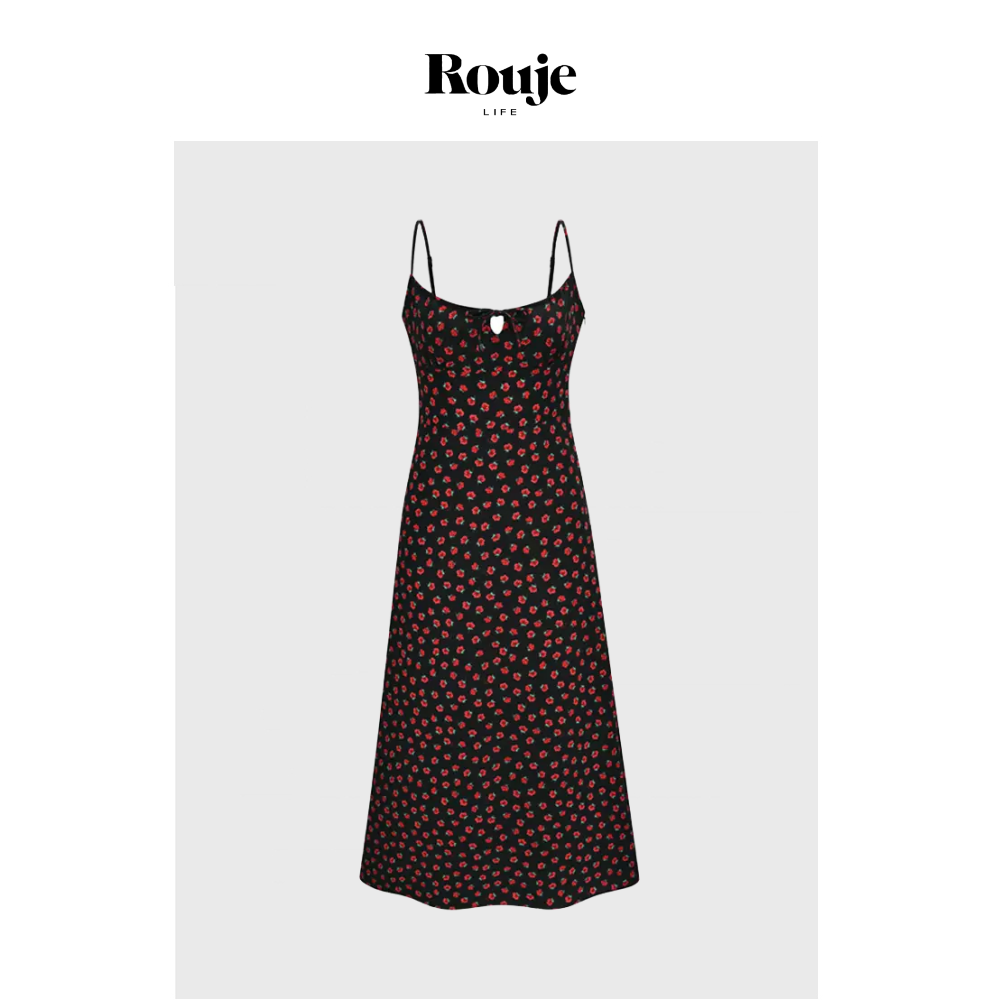 【现货】Rouje Life连衣裙法式复古黑底小红花印花露背吊带长裙女