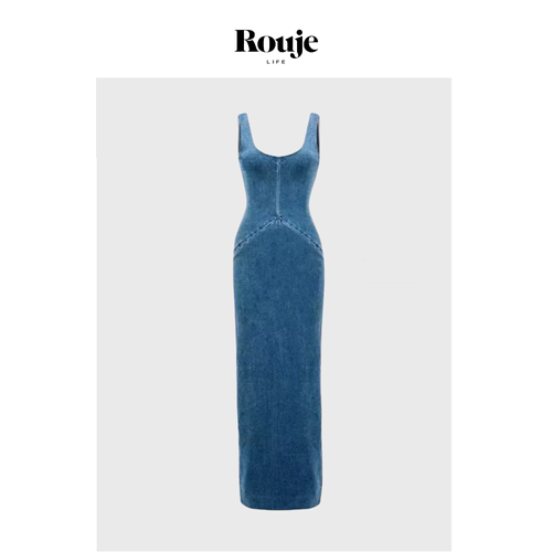 【现货】Rouje Life易梦玲同款牛仔长款连衣裙性感开叉修身长裙女
