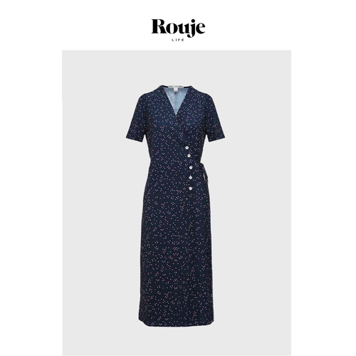 【现货】Rouje Life连衣裙法式碎花显瘦v领一片式裹身系带茶歇裙