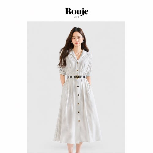 【现货】Rouje Life气质通勤高级感单排扣收腰系带条纹衬衫连衣裙