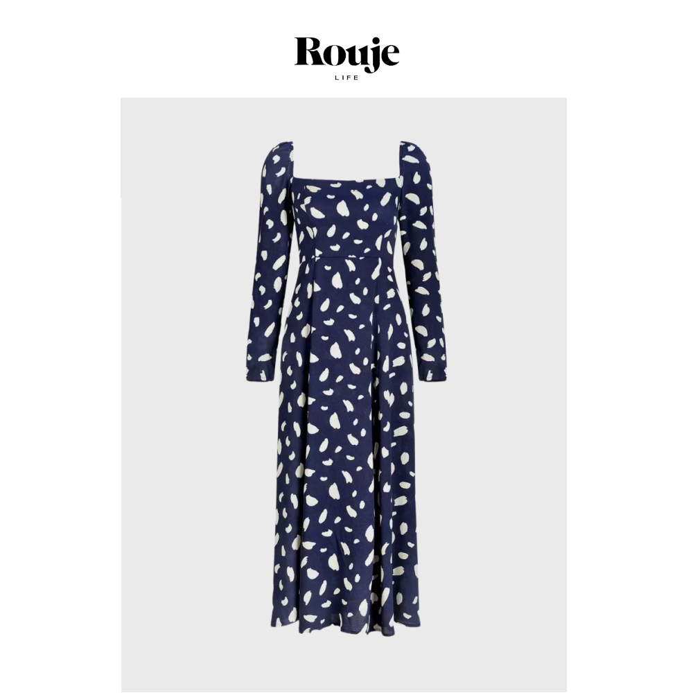 【现货】Rouje Life连衣裙法式复古深蓝长袖方领露背开叉中长茶歇