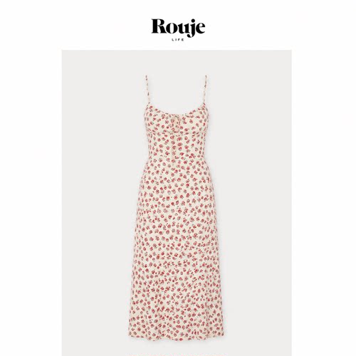 【现货】Rouje Life夏新款女装 重磅桑蚕丝白色玫瑰吊带A字连衣裙