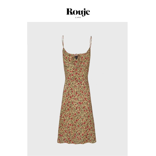 【现货】Rouje Life连衣裙法式小众抽绳修身吊带碎花长裙a字短裙
